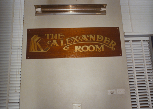 Wooden plaque the 'Alexander Room' CDHS