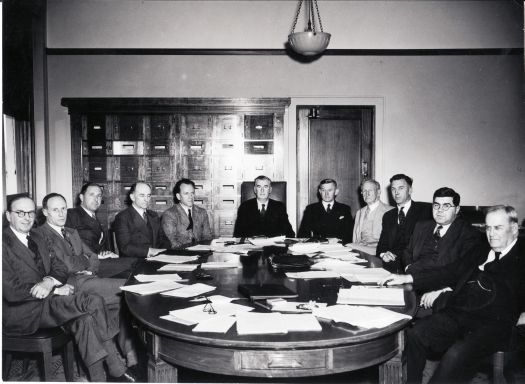 ANU Council meeting. Left to Right: Medley, Bailey, Refshauge,?, Coombs, Mills?, Daley, Garran,?, Wright,?