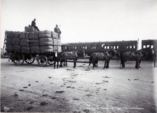 Ten ton of Richard Blundell's wool on a horse-drawn wagon at Queanbeyan Railway Station. Railway carriages are in the background. Two men are sitting on top of the bales.