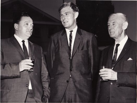 L to R JH Pead, Hon JD Anthony, CS Daley at Christmas function, Hotel Canberra