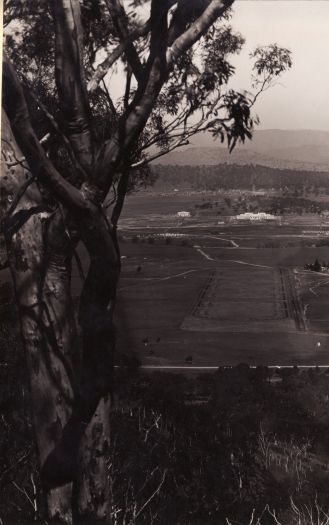 Parliament House from Mt Ainslie, showing Anzac Parade and St John's Church