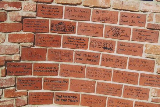 ACT Bushfire Memorial brick wall. The bricks are fired with messages from victims of the 2003 bushfires.