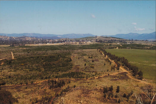 View south from Misery Hill over Wright, Coombes, Molonglo River and Duffy to Narrabundah Hill.