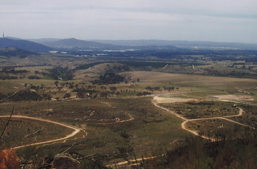 View from Mt Stromlo over Stromlo Forest Park, Misery Point, Misery Hill towards Civic.