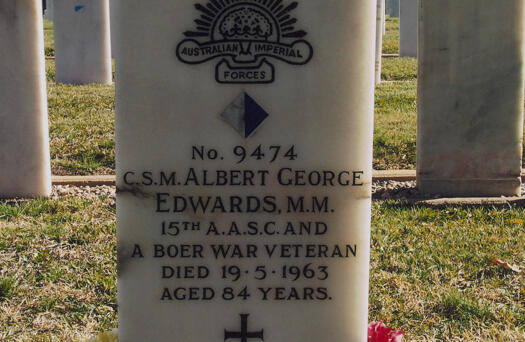 Inscription on George Albert Edward's headstone, ex-services portion, Woden Cemetery