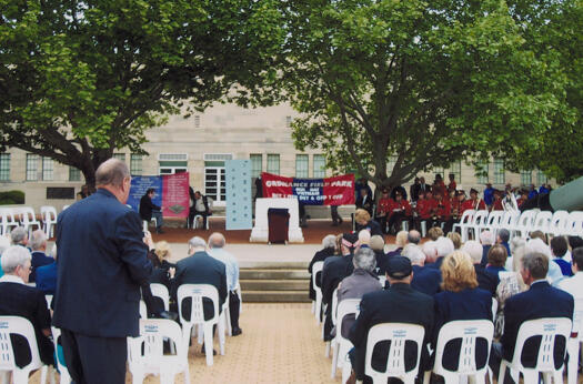 View of the audience at the western courtyard, Australian War Memorial for the dedication of a plaque to the service of the Ordnance Field Park in South Vietnam 1966-1972.