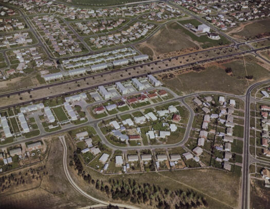 Aerial view of Owen Crescent, part of De Burgh St and Northbourne Avenue in Lyneham