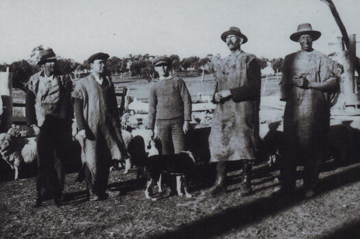 Four men, a boy and a dog with sheep in the background. The men are wearing smocks to protect their clothes when docking lambs.