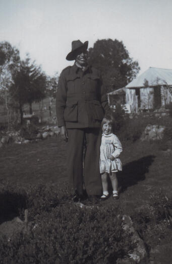 Oswald Dixon in army uniform with his daughter Nan Dixon at Kama