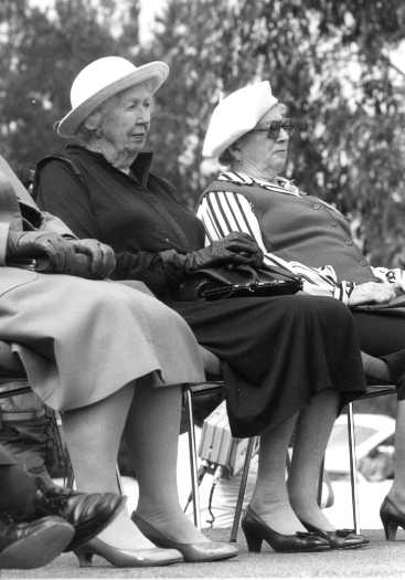 Lady Myrtle Morshead, widow of Sir Leslie Morshead, commander of the Australian troops at the siege of Tobruk, seated at the unveiling ceremony on 13 April 1983