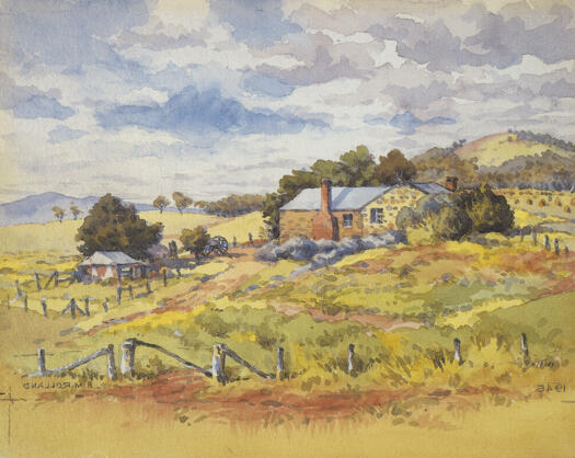 Reverse image of Henry Maitland Rolland's watercolour painting of Blundell's Cottage