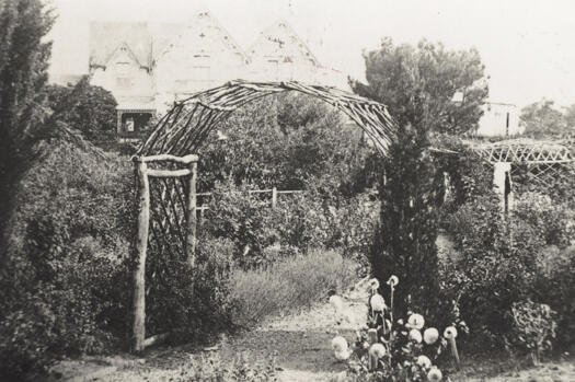 Rose garden with informal walks and rustic trellises.