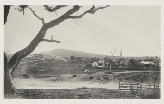 Shows a wide sweep of the west bank of the Queanbeyan River