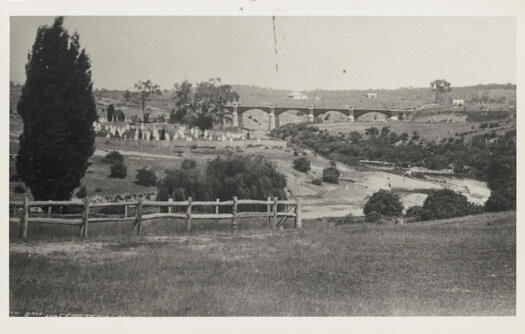 Riverside Cemetery and rail bridge, from Pound Hill, Queanbeyan