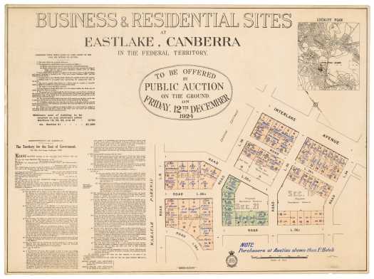 Poster of business and residential sites to be auctioned at the first sale of leases in the Federal Capital Territory on 12 December 1924. Shows who bought them and what they paid.