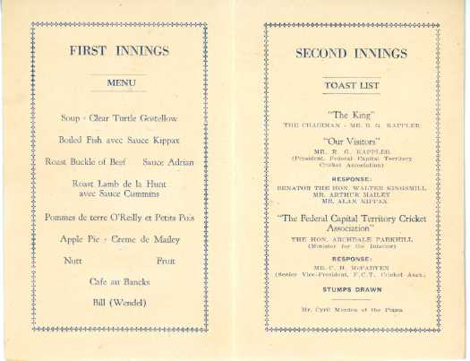 Menu for dinner held at the Hotel Kurrajong, Canberra for Arthur Mailey's visiting team that played the Federal Capital Territory Cricket Association Team. Two copies - one with autographs.