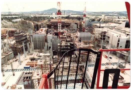 View from a crane over the Ministerial wing looking towards Mt Ainslie over the Members' Hall and the Great Hall.
