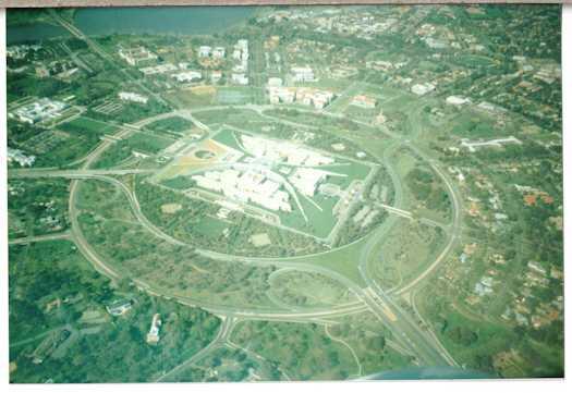 Aerial view of Parliament House, now completed, taken from over Yarralumla looking east