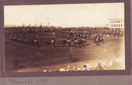 NSW Police on horseback performing in front of Parliament House on 9 May 1927