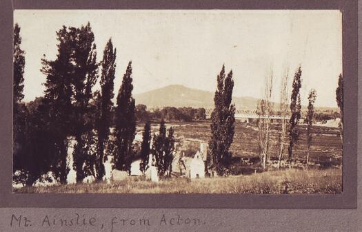 View from Acton over the ruins of Ryan's cottage and the Molonglo River, towards Mt Ainslie